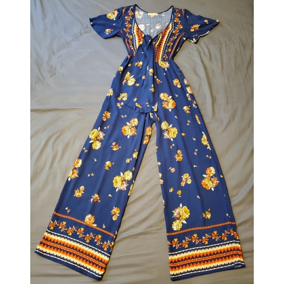 Band of Gypsies blue orange floral boho jumpsuit - Picture 3 of 9